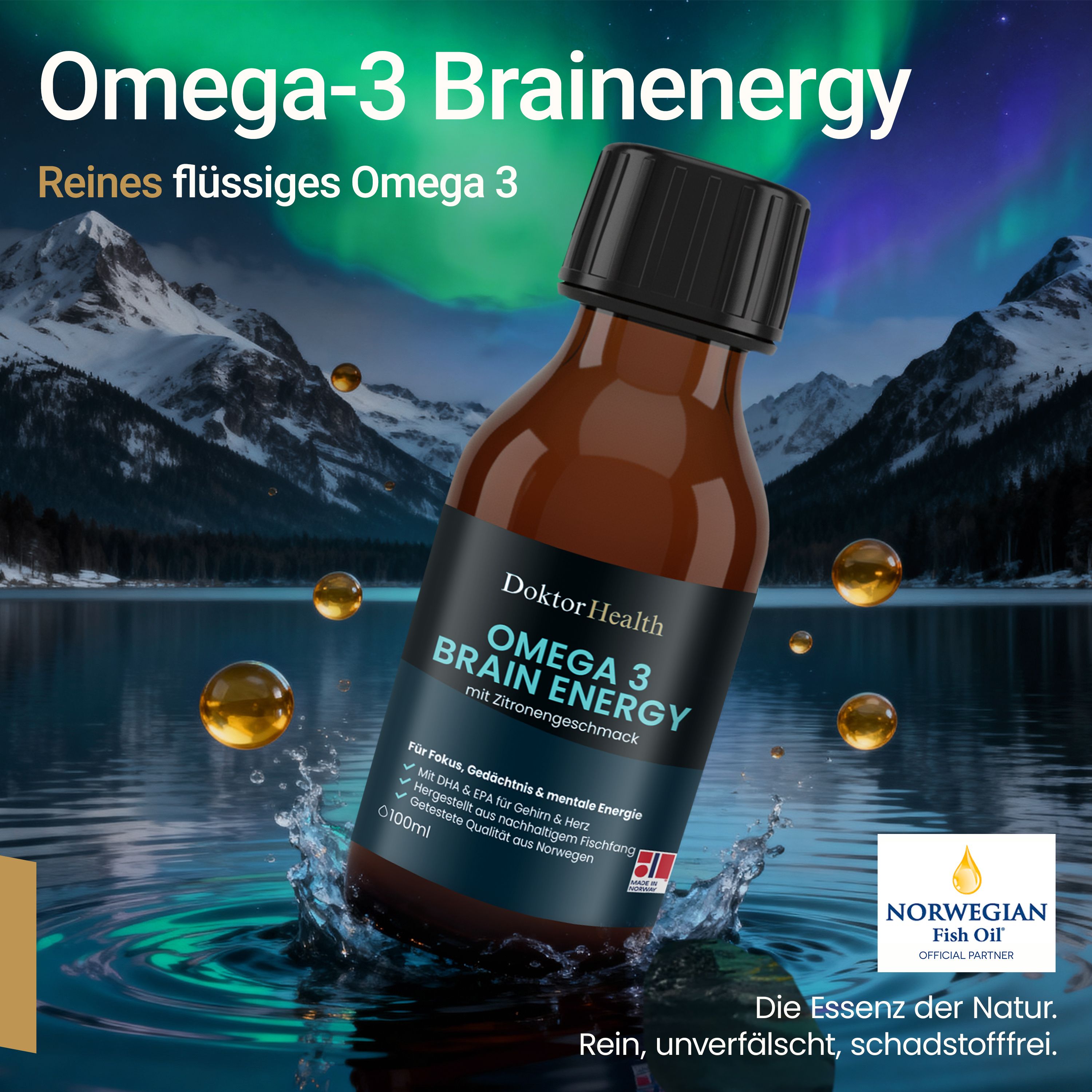 Bruine fles "Doktor Health Omega 3 BRAIN ENERGY" voor landschap. Tekst: "Reines flüssiges Omega 3". Logo: Norwegian Fish Oil.