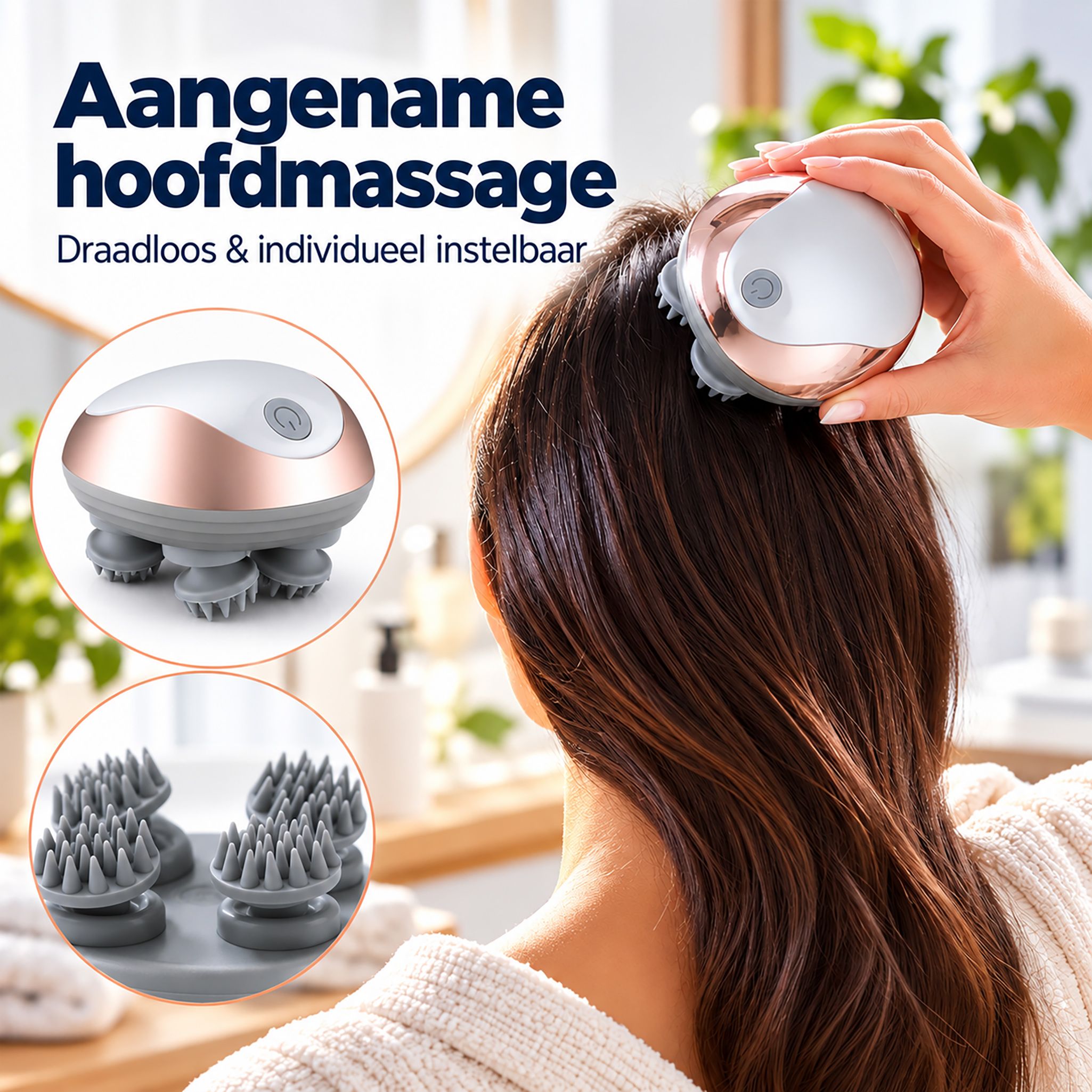 Hoofdmassager met vier roterende koppen, wit met roségouden oppervlak.