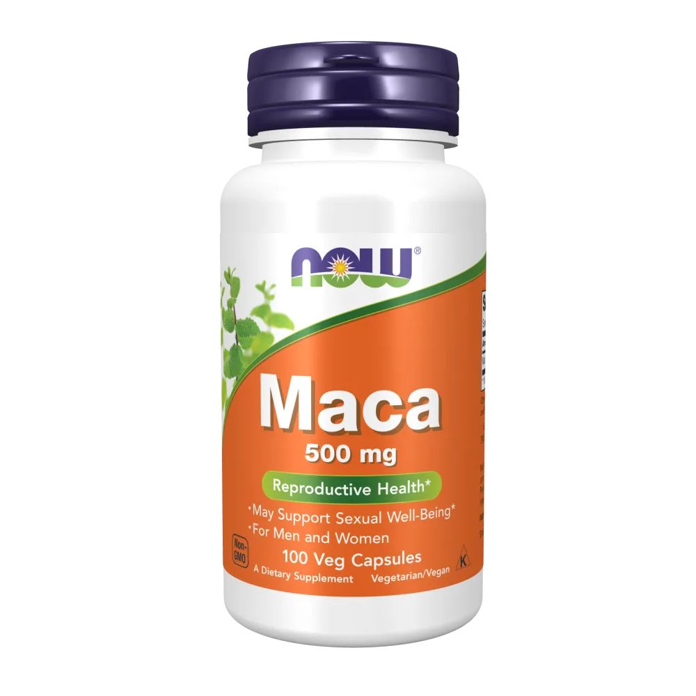 Flacon blanc avec bouchon bleu. Inscription : Maca 500 mg, Reproductive Health. Contient 100 gélules végétales. Marque : NOW.