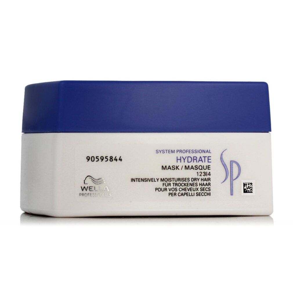 Wella SP Hydrate Mask en emballage blanc avec couvercle bleu. Texte : "Intensively moisturises dry hair".
