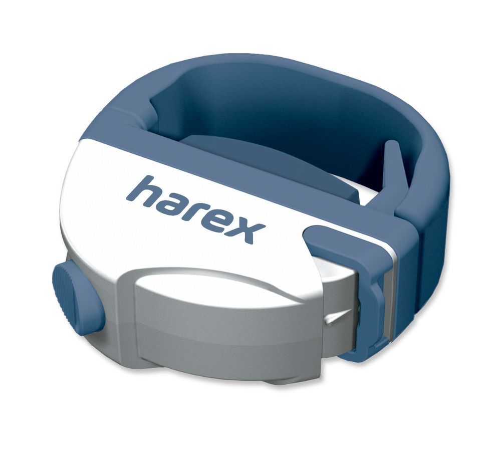 Blauw-wit apparaat met de tekst "harex".