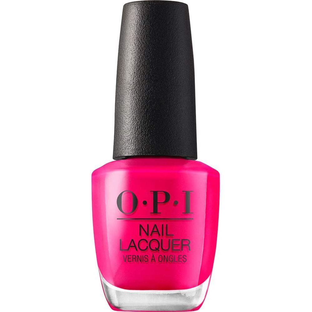 OPI nagellakflesje. Roze kleur, zwarte dop. Opschrift: OPI, Nail Lacquer, Vernis à Ongles.