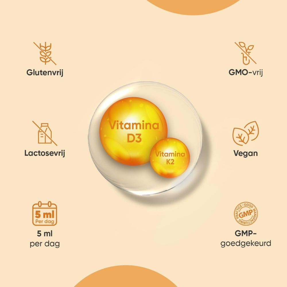 Vitamine D3 en K2. Glutenvrij, lactosevrij, veganistisch, GMO-vrij. 5 ml per dag. GMP-gecertificeerd.