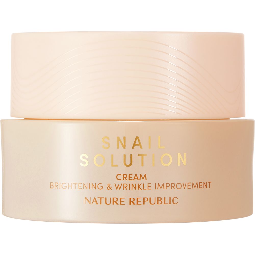 Beige crèmepotje met gouden tekst: Snail Solution Cream, Brightening & Wrinkle Improvement, NATURE REPUBLIC.