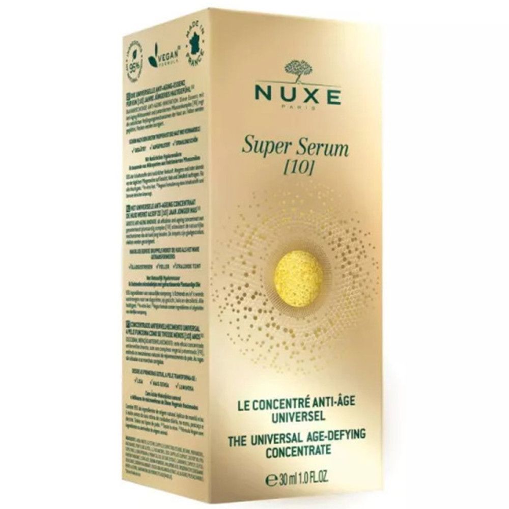 Goudkleurige doos. Opschrift: NUXE Super Serum [10].