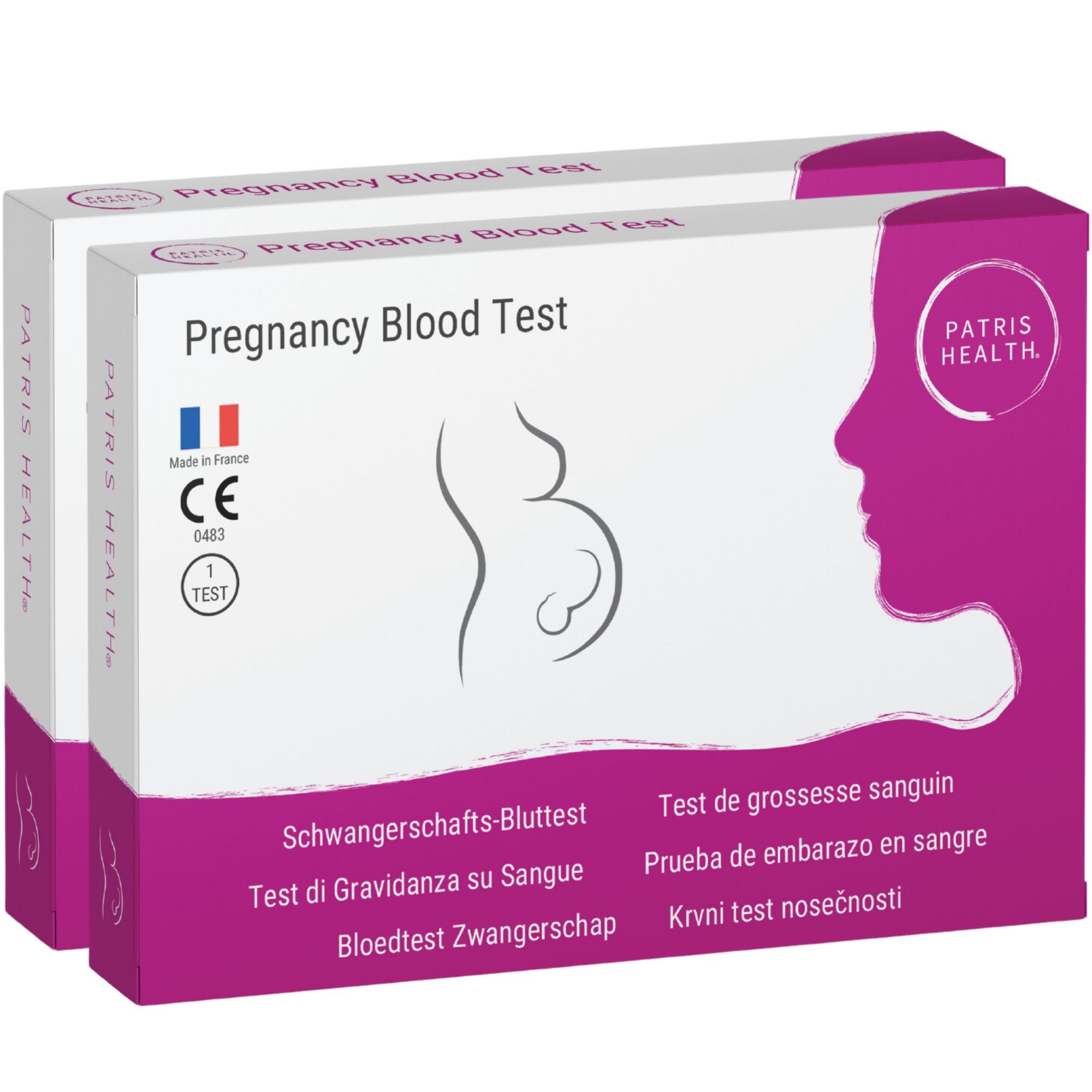 Deux boîtes de test sanguin de grossesse. Emballage avec nom du produit, logo et certifications. Patris Health.
