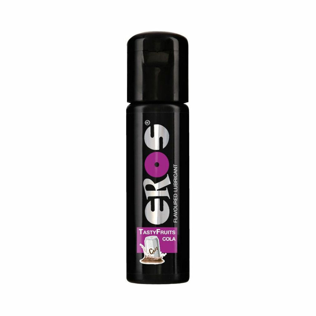 Flacon noir avec bouchon noir. Inscription EROS, Tasty Fruits Cola. Illustration d'un verre de cola.