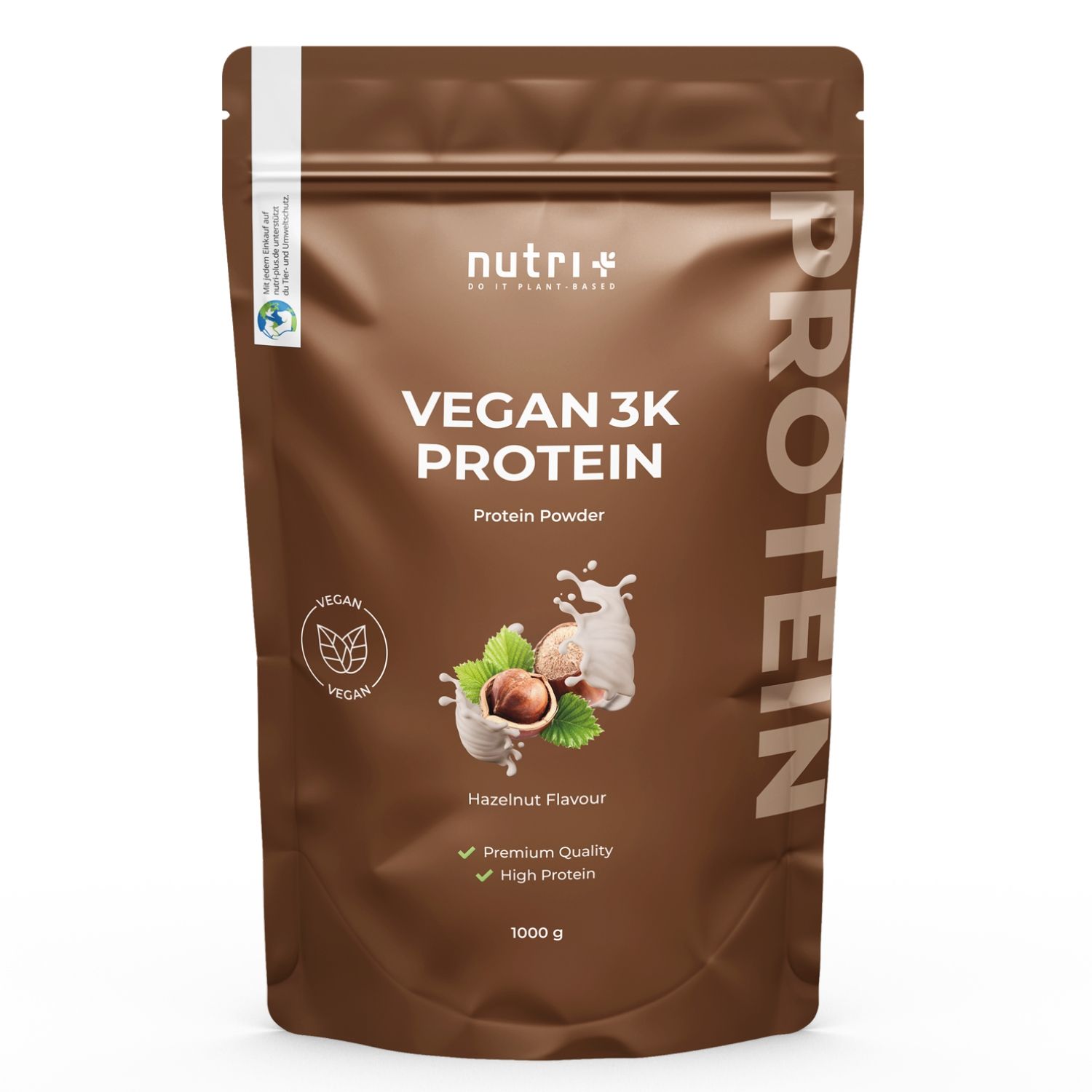 Bruine zak met "VEGAN 3K PROTEIN". Hazelnootsmaak. Vegan zegel. 1000 g.
