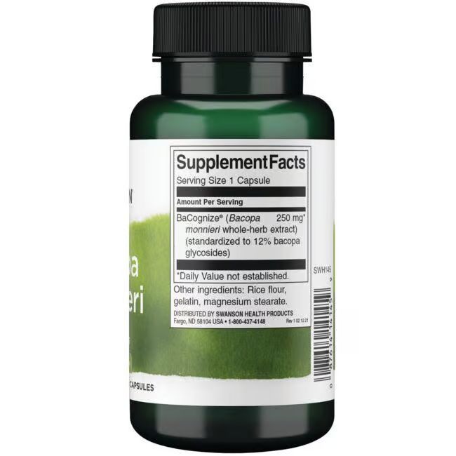 Achterkant van de groene fles. Opschrift: Supplement Facts, BaCognize (Bacopa monnieri) 250 mg. Ingrediënten: rijstmeel, gelatine, magnesiumstearaat.