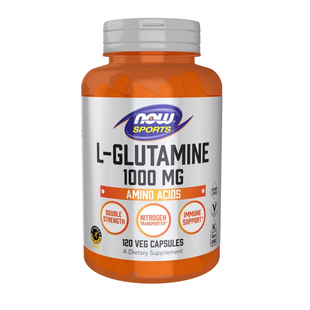 Flacon de gélules de L-Glutamine. Inscription : NOW SPORTS, L-Glutamine 1000 mg, acides aminés, 120 gélules végétales.