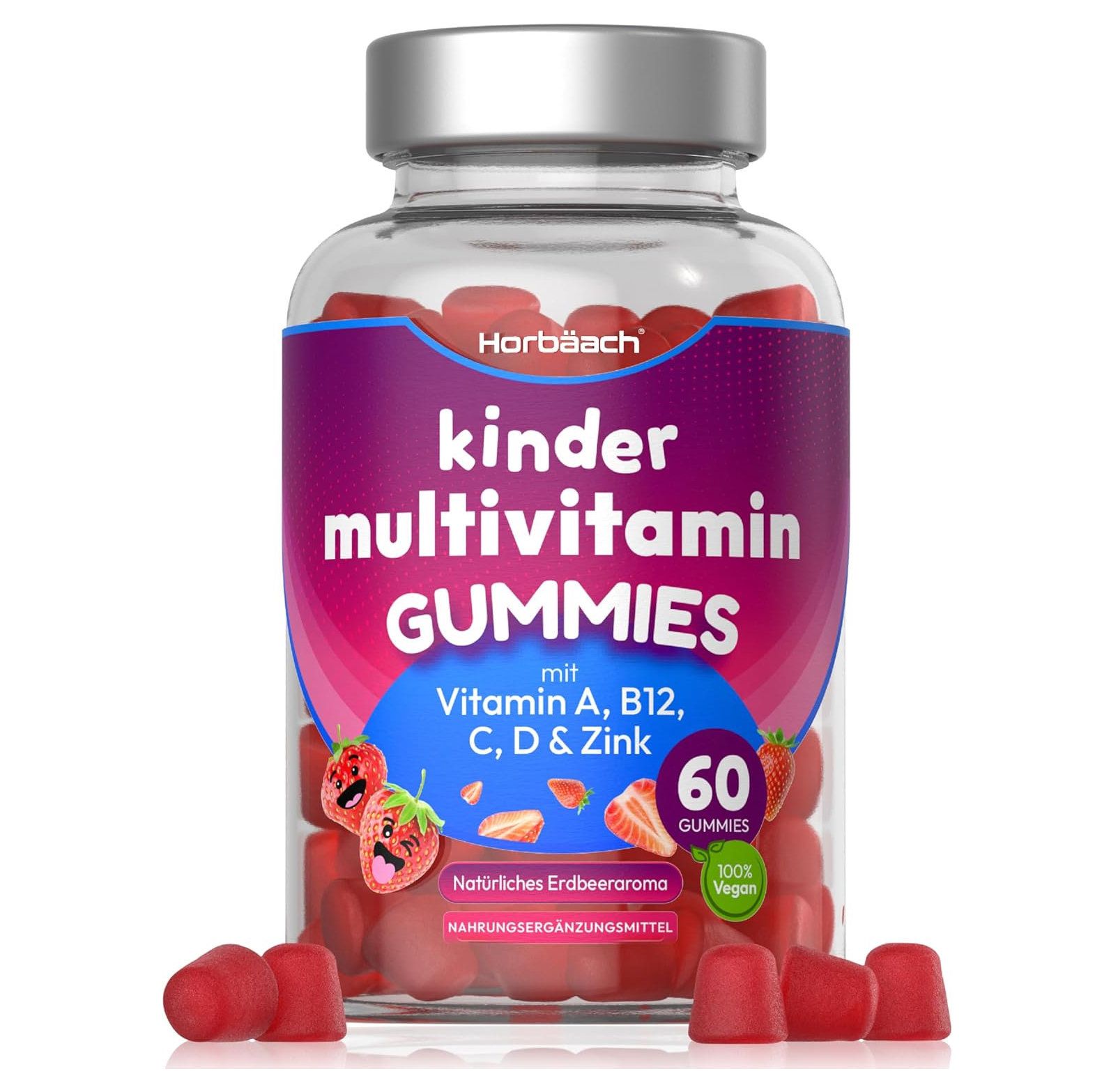 Horbaach Multivitamines Gummies pour enfants. Flacon de 60 gommes. Contient Vitamine A, B12, C, D & Zinc. Arôme fraise.