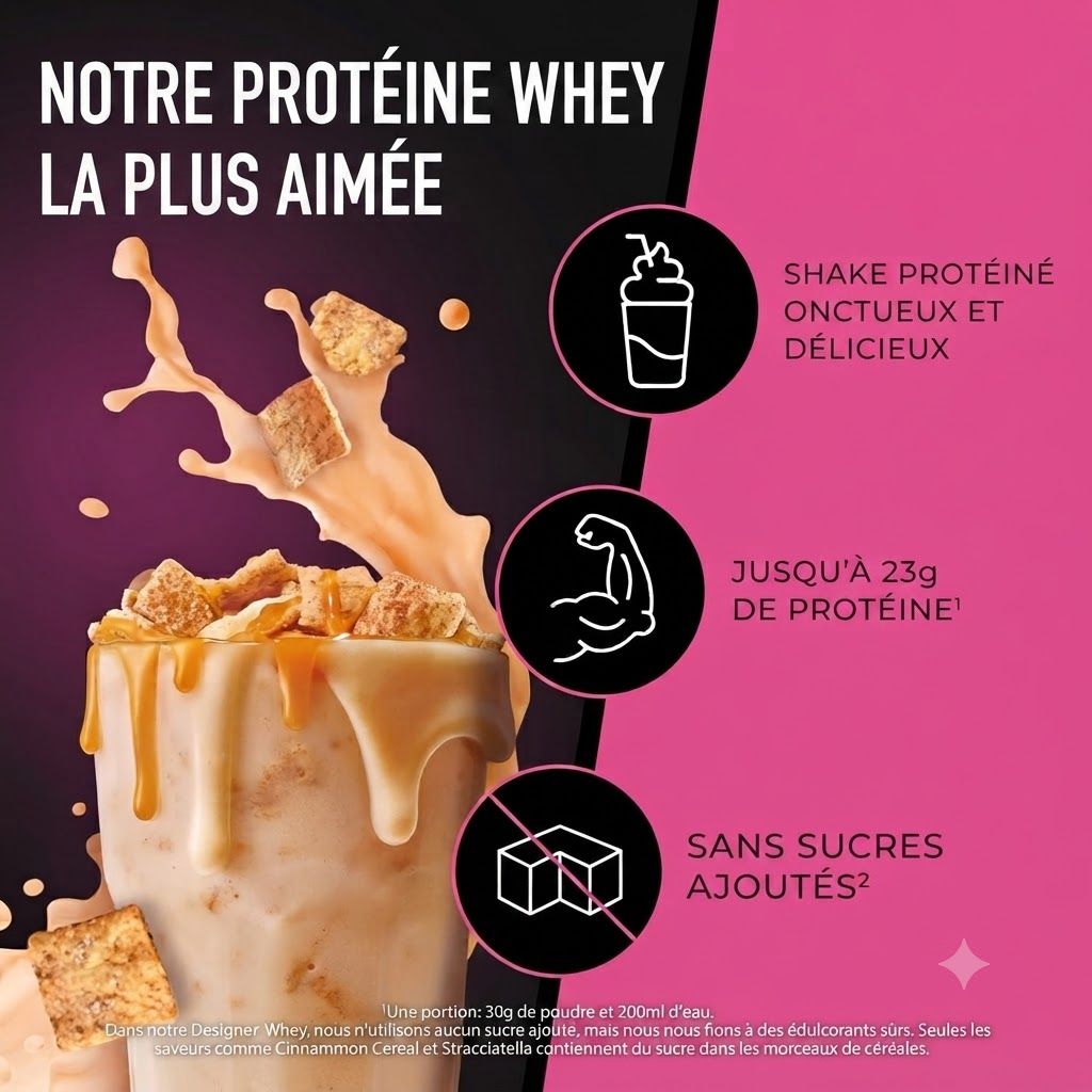 Un milkshake crémeux avec du sirop et des morceaux de céréales, à côté d'icônes pour shake, muscle et alimentation sans sucre.
