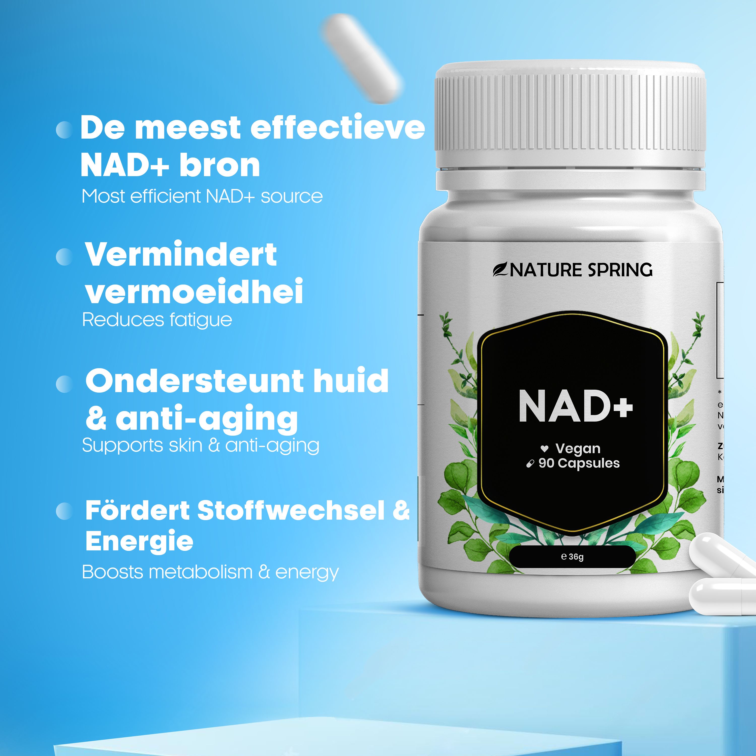 NATURE SPRING NAD+ Capsules: Meest effectieve NAD+ bron, vermindert vermoeidheid, ondersteunt huid & anti-aging.