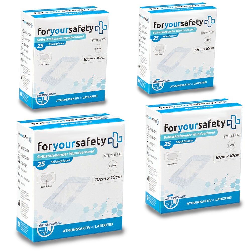 Vier verpakkingen pleisters. Opschrift: foryoursafety, 25 stuks, 10x10cm.