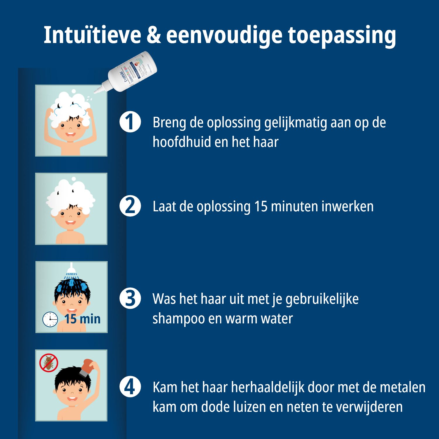 Productverpakking. Tekst: Evolsin Luizenshampoo. Verwijdert hoofdluis, voorkomt neten.