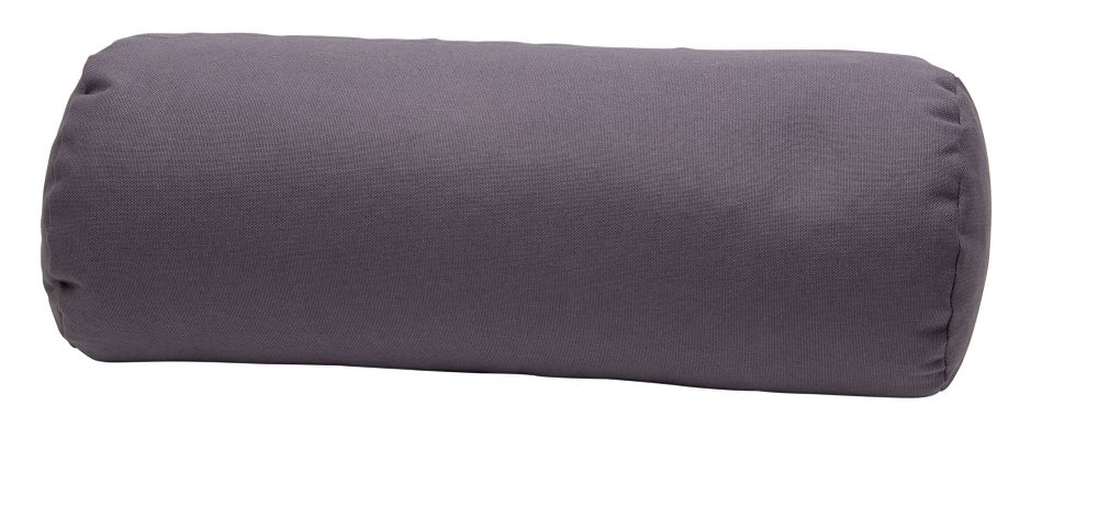 Coussin de nuque gris. Forme cylindrique. Revêtement en tissu.