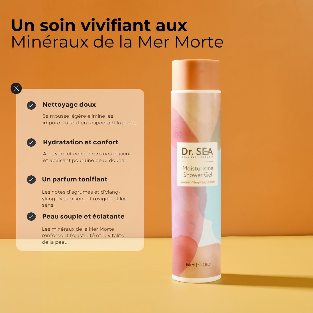 Flacon avec Dr. SEA, Moisturising Shower Gel. Texte : Un soin vivifiant aux Minéraux de la Mer Morte. Ingrédients et bienfaits.