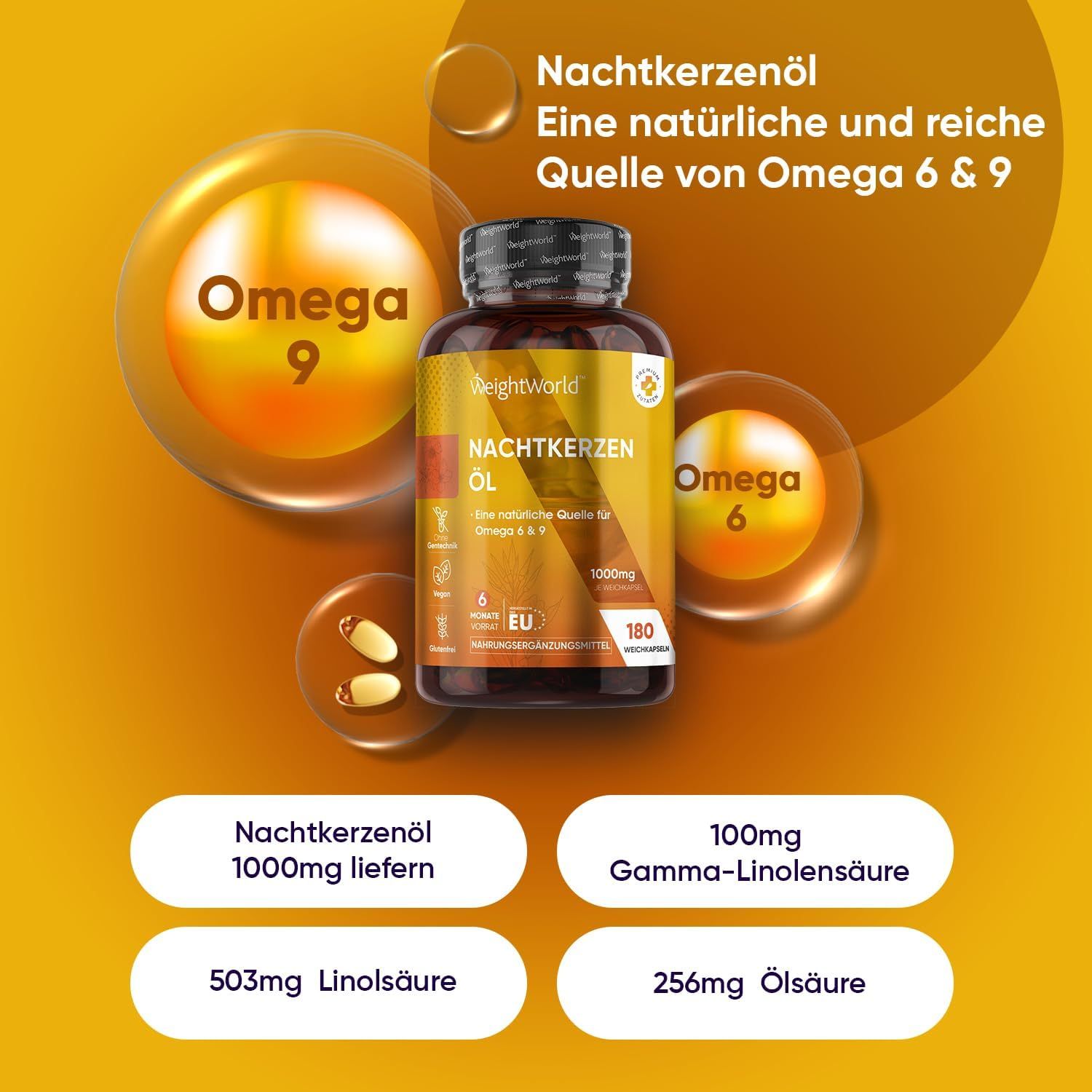 Flacon brun de gélules. Texte : Huile d'onagre, Oméga 6 & 9. Ingrédients : 1000mg huile d'onagre, 100mg acide gamma-linolénique.