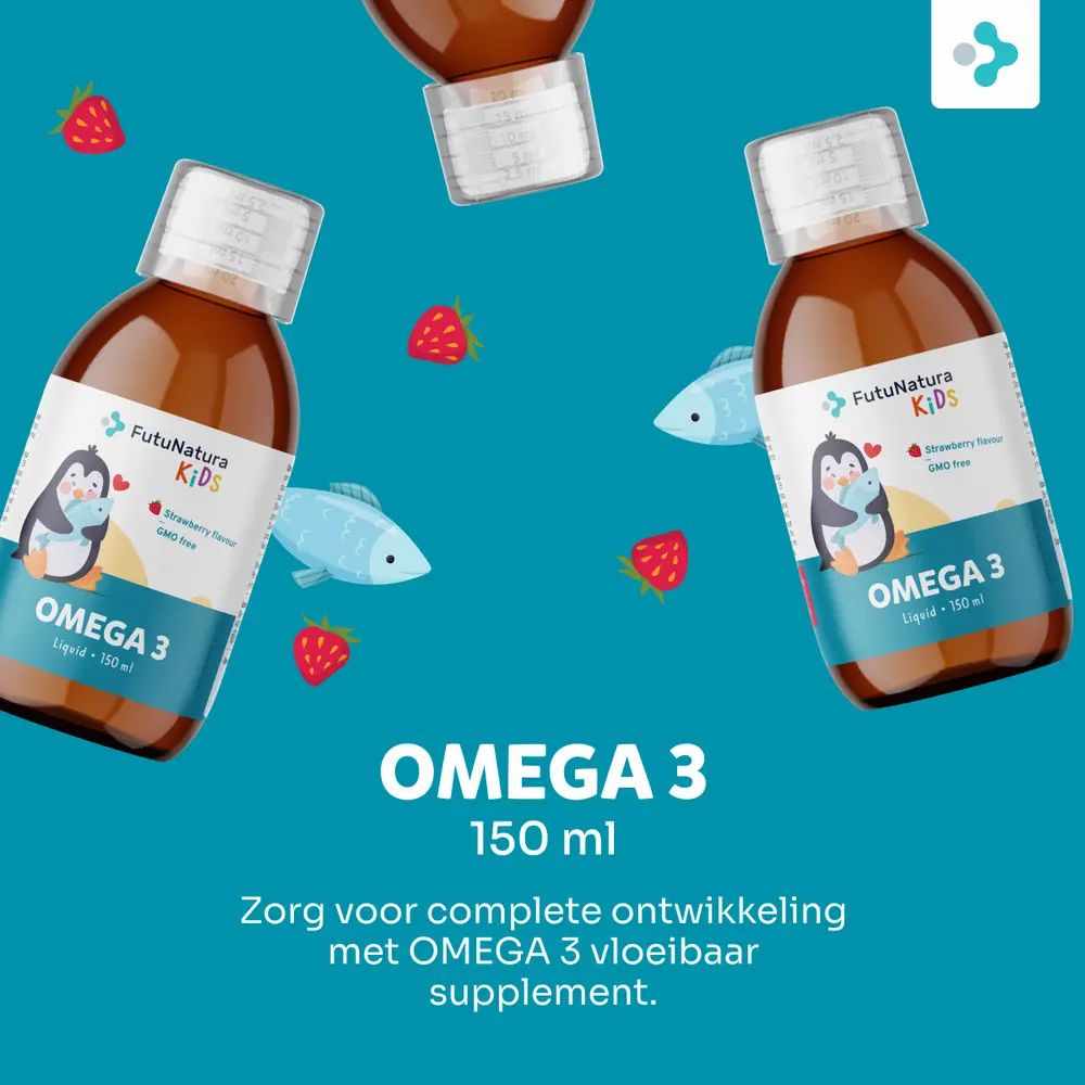 Omega 3, 150 ml. Meerdere flessen. Tekst: Zorgt voor een complete ontwikkeling met Omega 3 vloeistof.