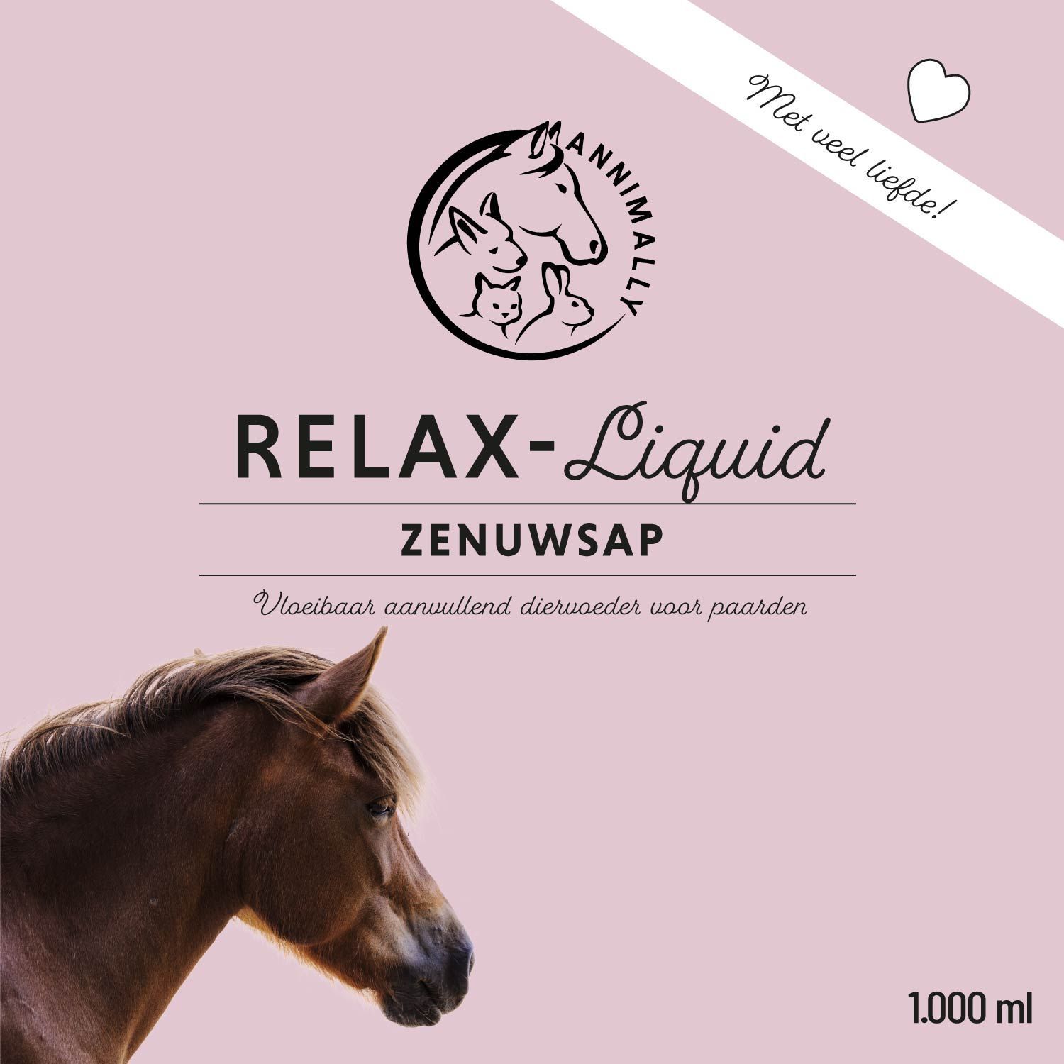 Fles Relax-Liquid voor paarden. Roze etiket met logo en tekst. 1000 ml.