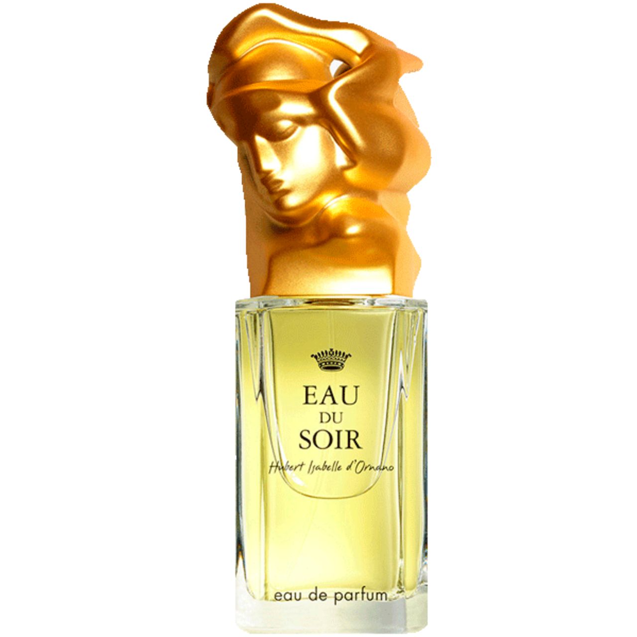 Glazen fles met gouden kop. Tekst: Eau du Soir, Hubert Isabelle d'Ornano. Eau de Parfum. Heldere inhoud.