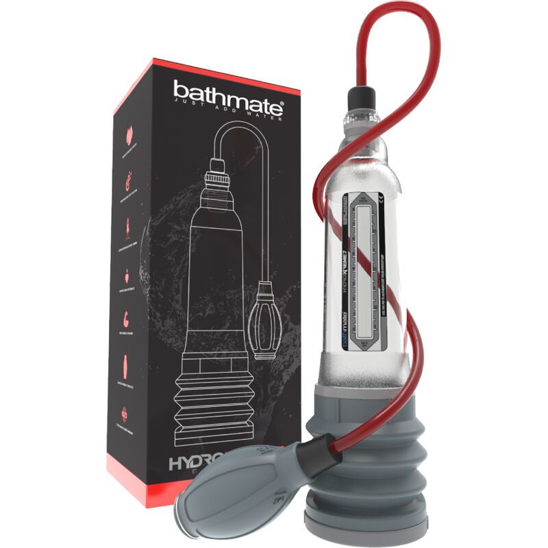 Emballage du produit et système hydraulique. Boîte noire avec image du produit. Cylindre transparent avec raccord de tuyau rouge.