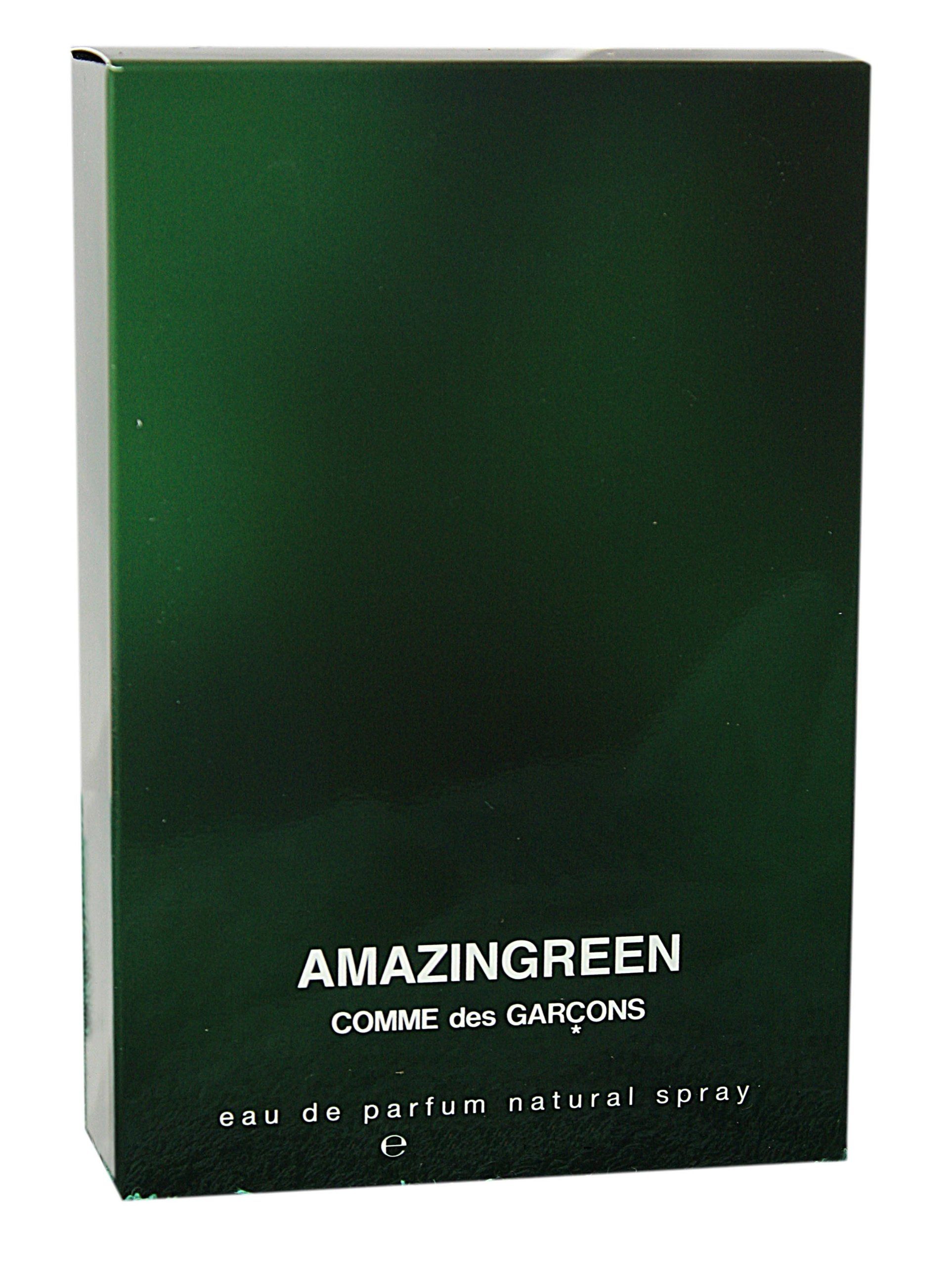 Groene doos. Opschrift: AMAZINGREEN, COMME des GARÇONS, eau de parfum natural spray.