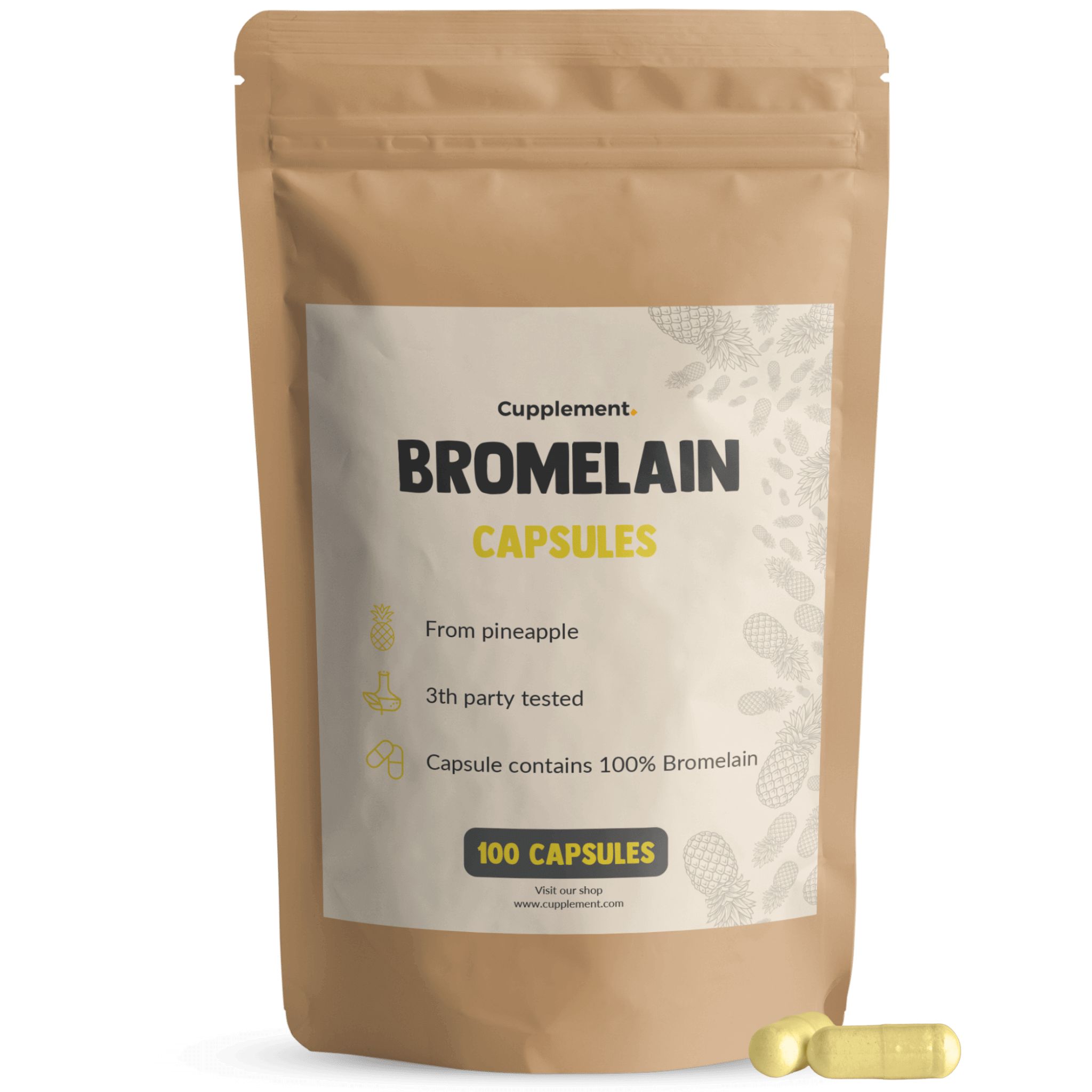Zakje met bromelaïne capsules. Opschrift: Bromelain Capsules, 100 capsules. Gele capsules ernaast.