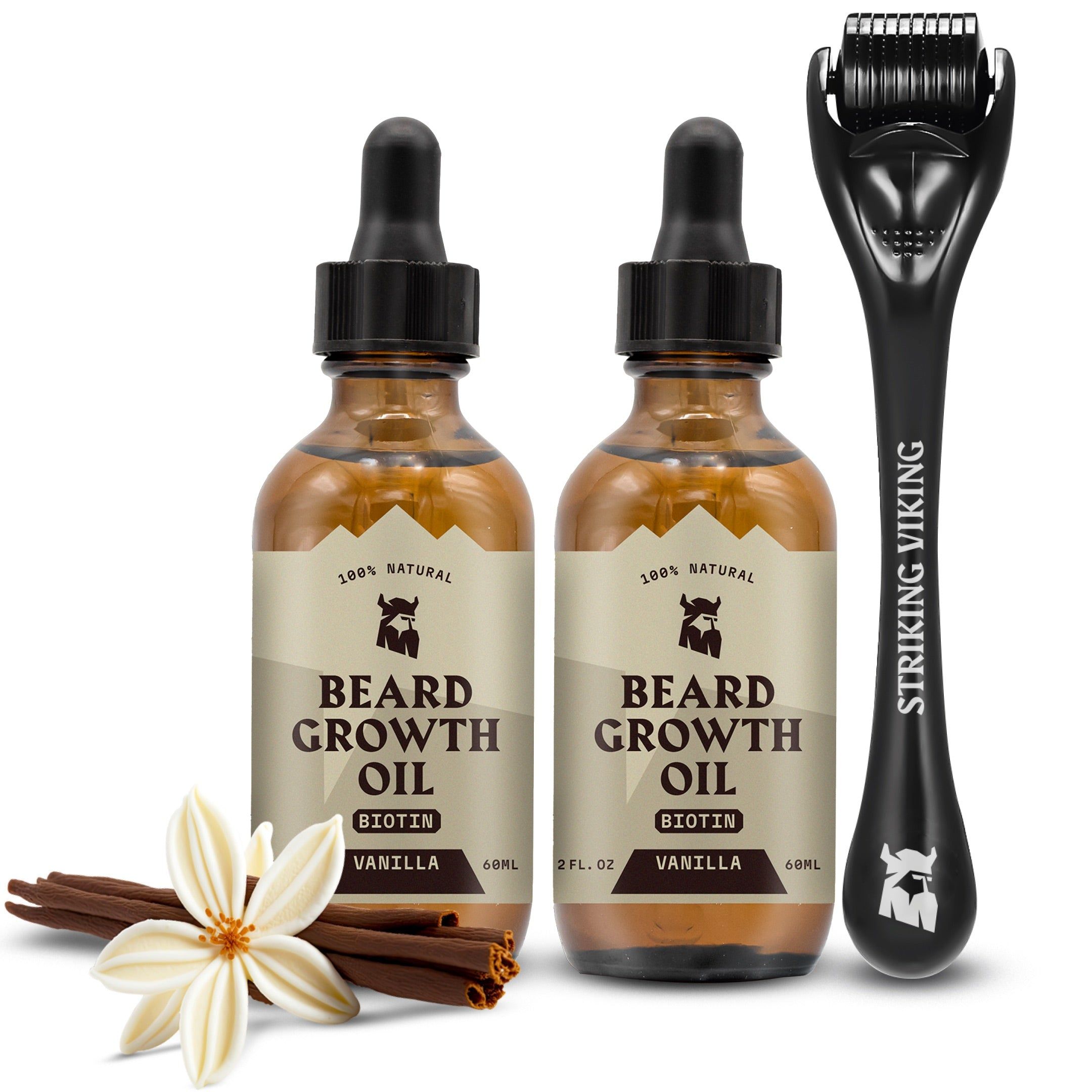 Deux flacons d'huile à barbe, un derma-roller et de la vanille. Inscription : Beard Growth Oil, Biotine, Vanille. Marque : Striking Viking.