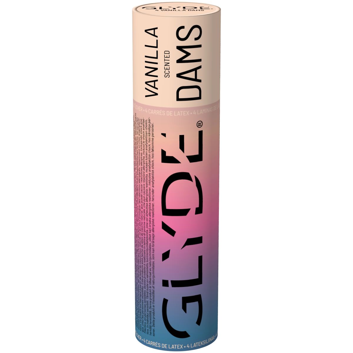 Emballage cylindrique. Inscription : GLYDE DAMS, VANILLA. Texte : 4 feuilles de latex.