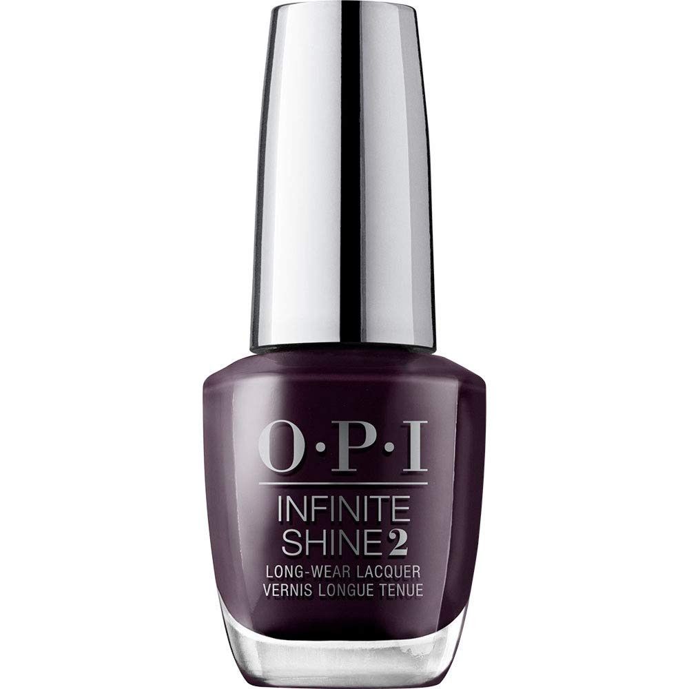 Flacon de vernis à ongles OPI Infinite Shine 2. Vernis violet foncé, bouchon argenté, flacon transparent.