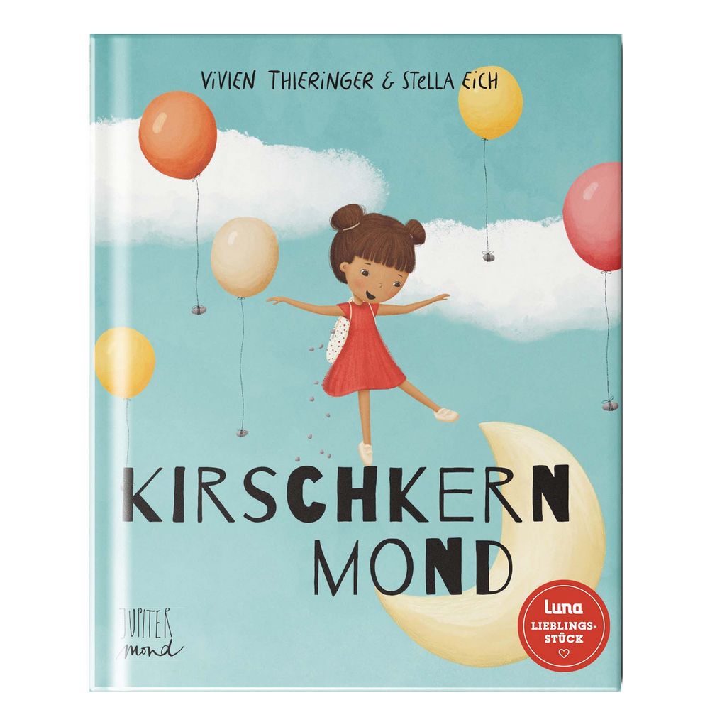 Couverture de livre avec illustration. Titre : Kirschkernmond. Auteurs : Vivien Thieringer & Stella Eich. Illustration d'une fille avec des ballons.