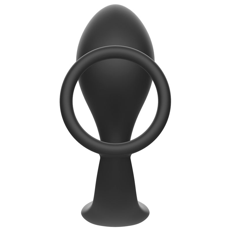 Zwarte anale plug met siliconen ring, van voren gezien. De basis is breed en heeft een ring.