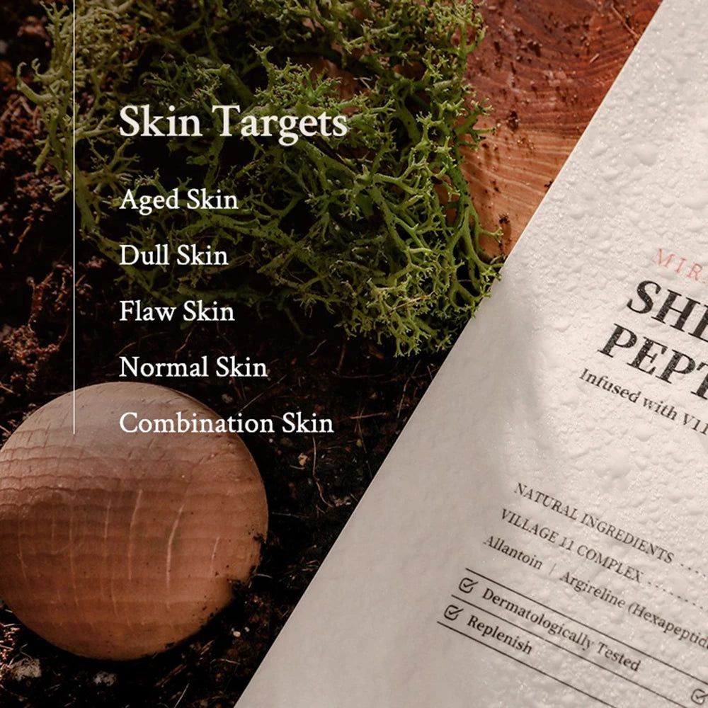 Informations produit sur papier. Texte: Miracle Youth Sheet Mask Peptide. Ingrédients naturels, testé dermatologiquement.