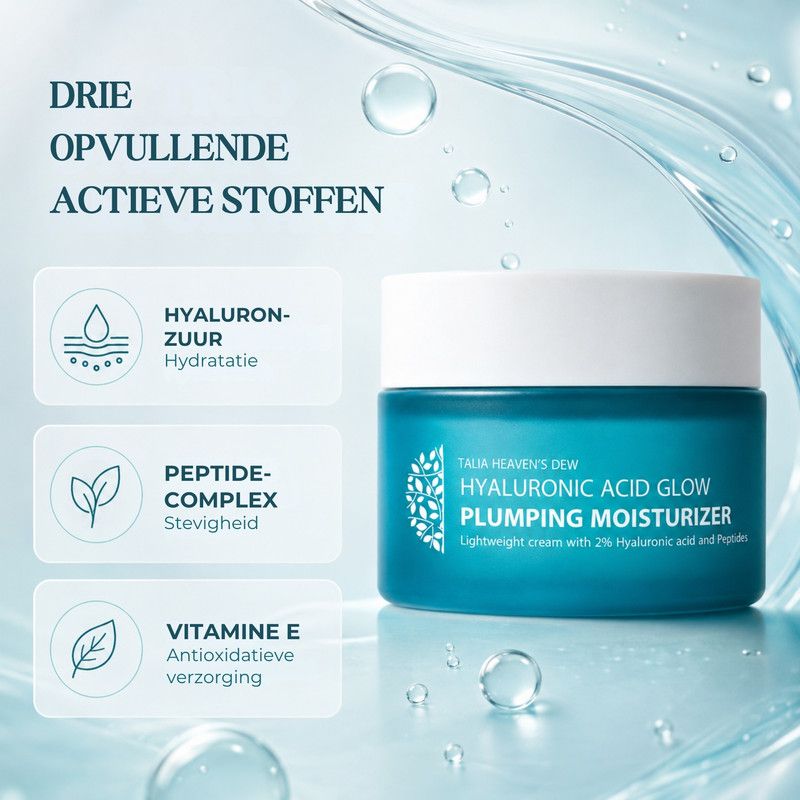 Een pot Hyaluronic Acid Glow Plumping Moisturizer. Tekst benadrukt opvullende hydratatie met hyaluronzuur en peptiden.