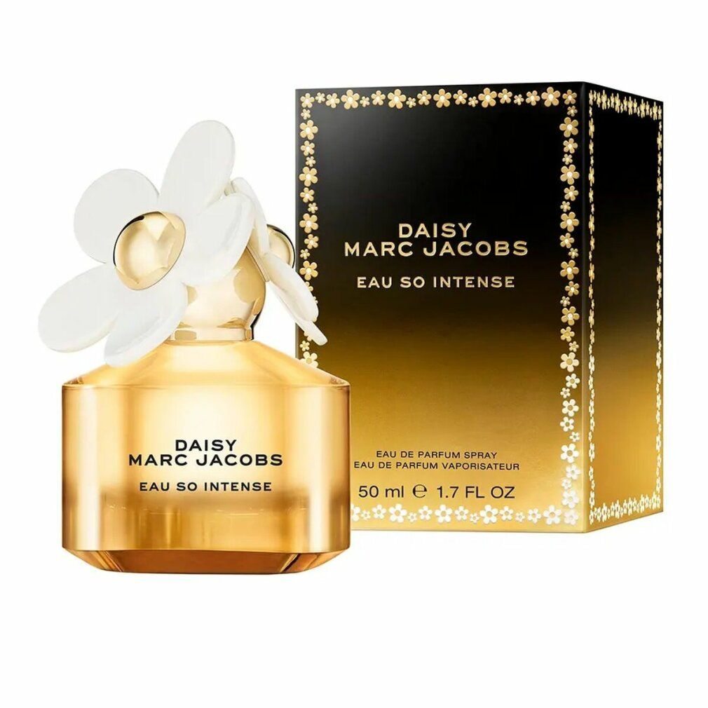 Gouden fles met witte bloem en verpakking. Opschrift: Daisy Marc Jacobs Eau So Intense.