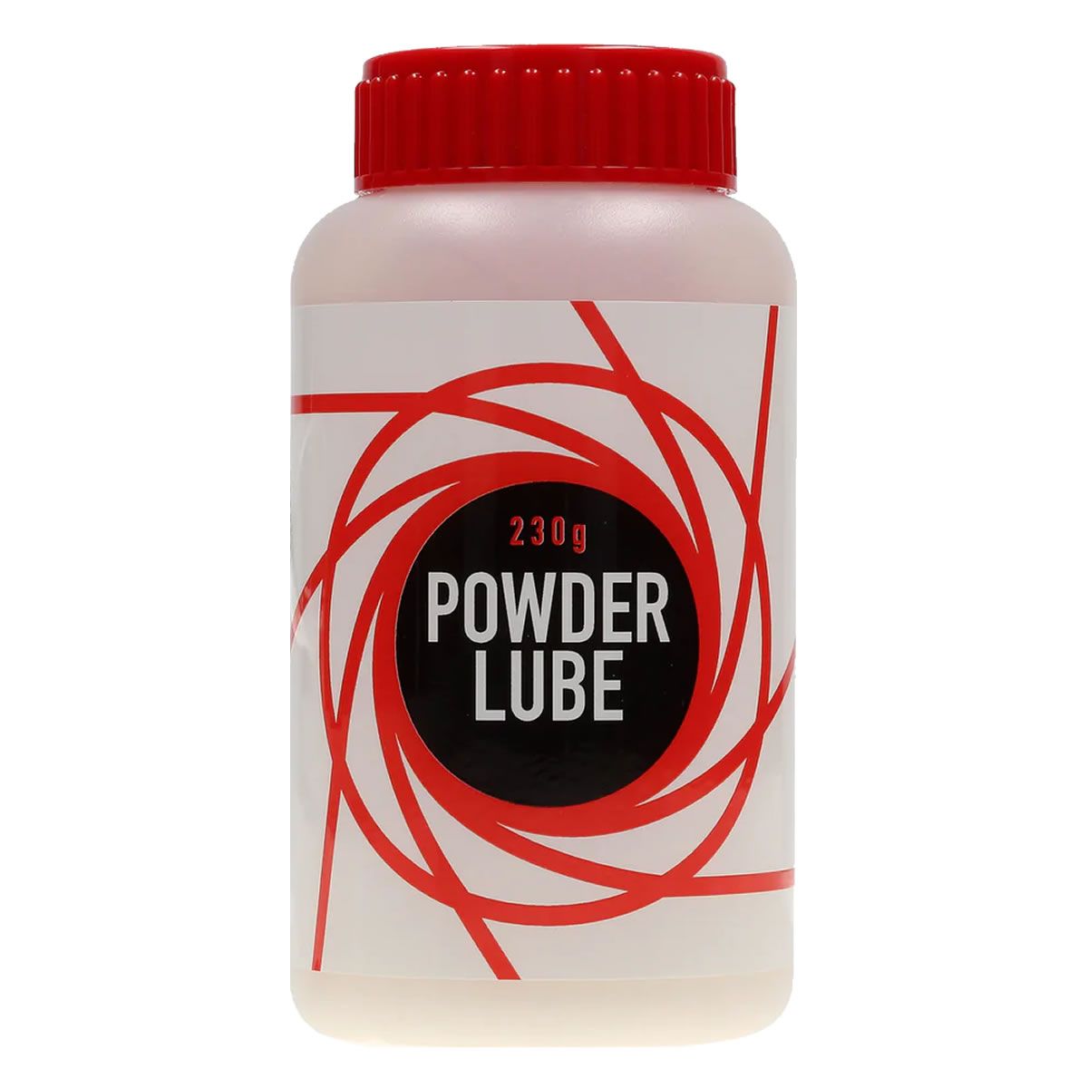 Fles met rode dop. Opschrift: 230g, Powder Lube. Rode, spiraalvormige achtergrond.