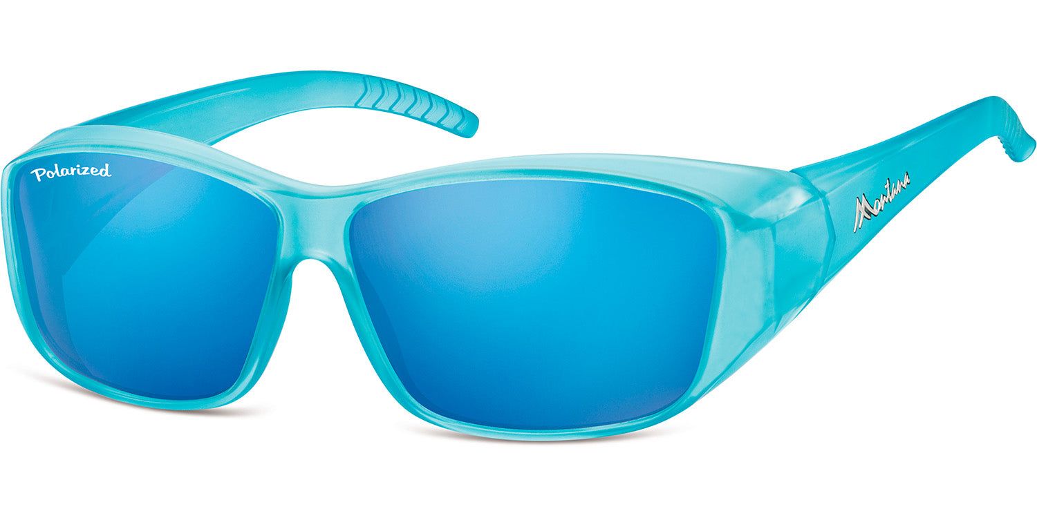 Turquoise zonnebril met blauwe glazen. 'Polarized' op het glas. 'Montana' op de poot.