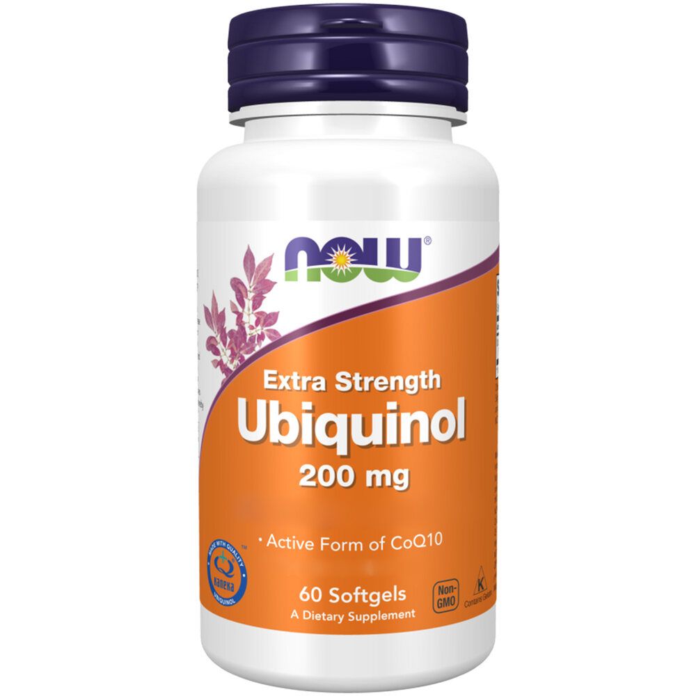 Supplementfles met paarse dop. Opschrift: Ubiquinol, 200 mg. Bevat 60 softgels. Oranje etiket met witte letters.