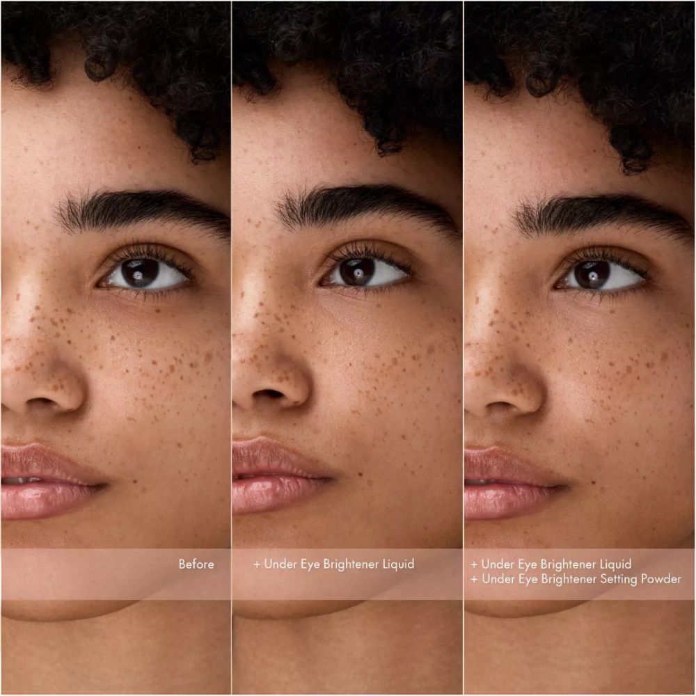 Trois visages d'une femme. Gauche : sans maquillage. Milieu : avec correcteur. Droite : avec correcteur et poudre. Différences.