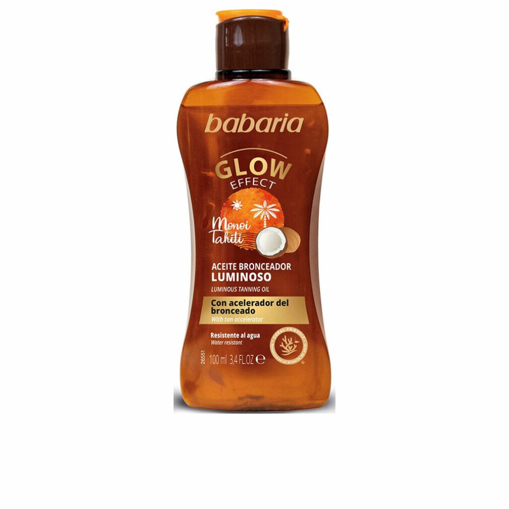 Babaria Tanning Oil Gel met Glow Effect. Opschrift: Monoi Tahiti, Aceite Bronceador Luminoso. Waterbestendig. 100 ml.