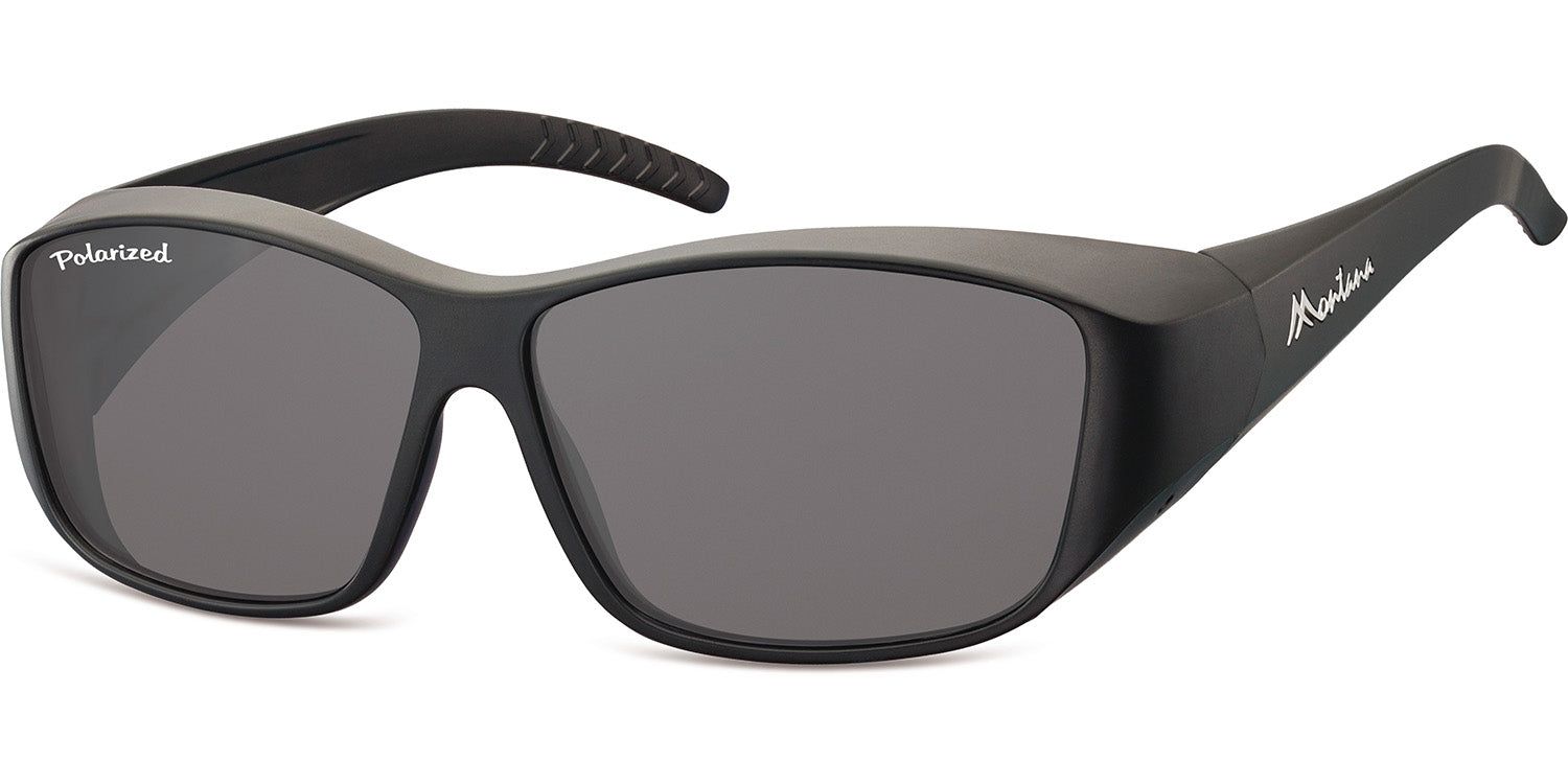Lunettes de soleil noires. Verres gris. Inscription "Polarized" sur la lentille gauche. Marque "Montana" sur la branche.