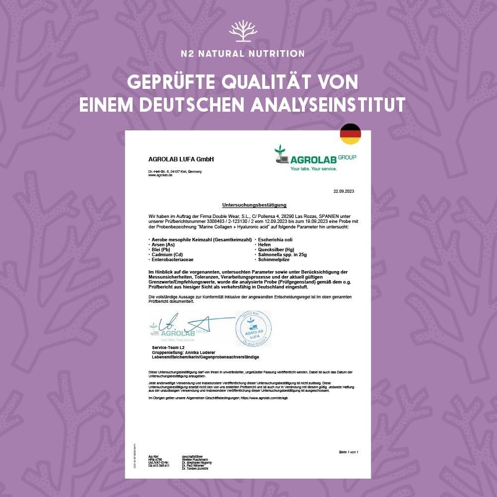 Certificaat van Agrolab LUFA GmbH. Geteste kwaliteit. Marine collageen in capsules.