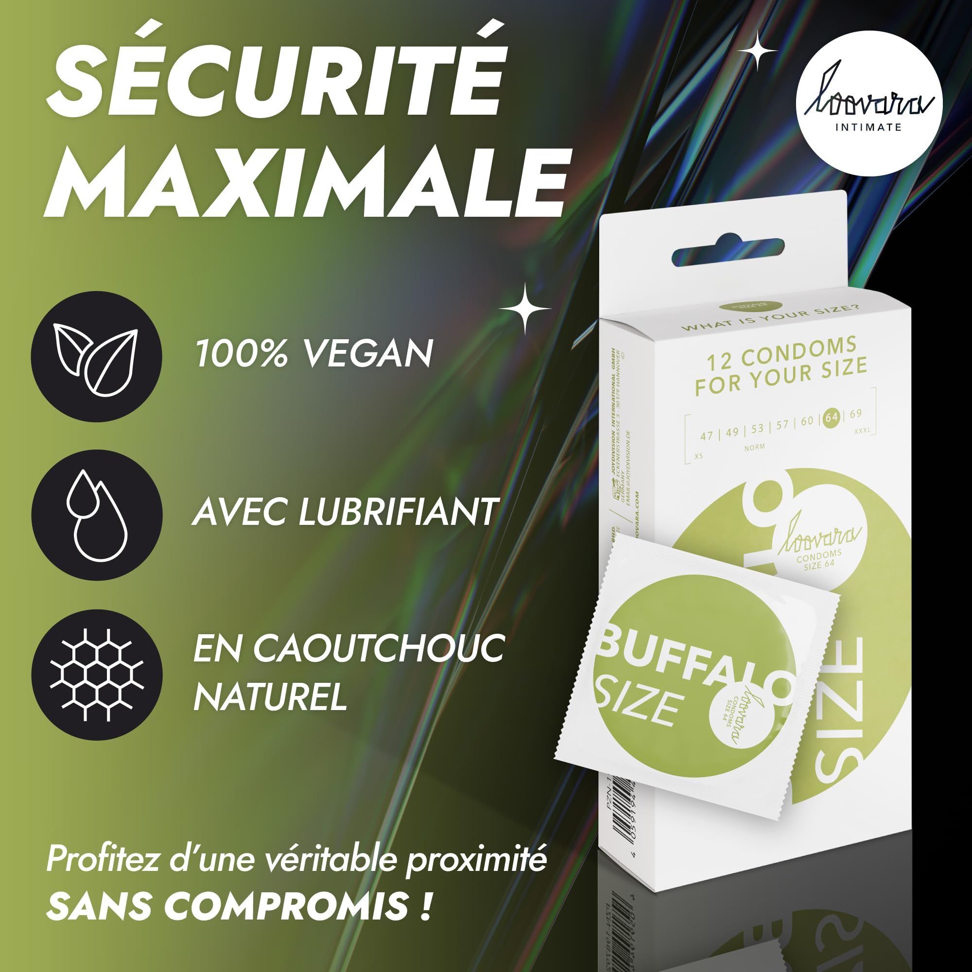 Emballage préservatifs Loovara Buffalo XXL, 12 pièces. Icônes vegan, lubrifiant, latex naturel.