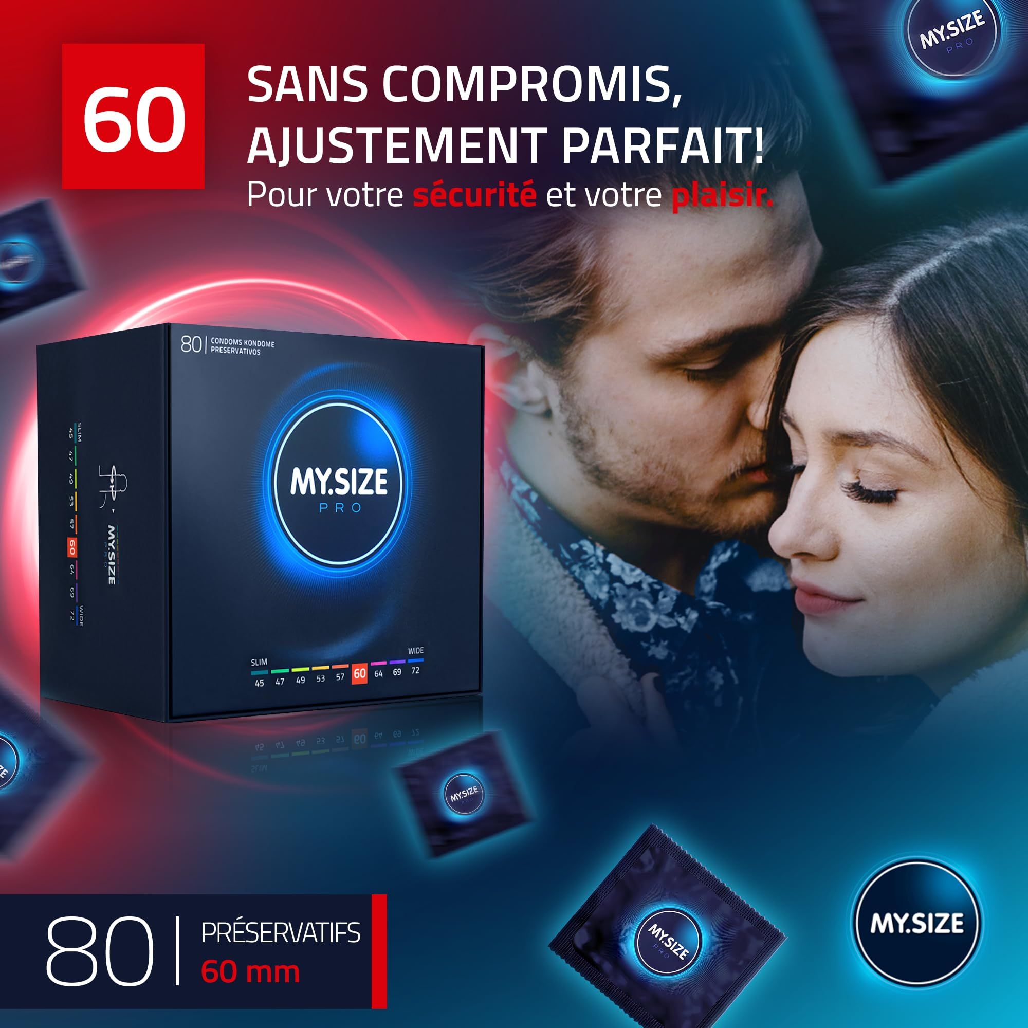 Préservatifs MY.SIZE PRO ELITE, taille 60mm. Boîte de 80 pièces et emballages individuels.