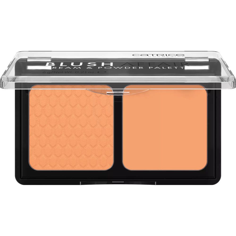Palette de blush orange avec deux teintes. Une surface gaufrée, l'autre lisse. Cadre noir, couvercle transparent.