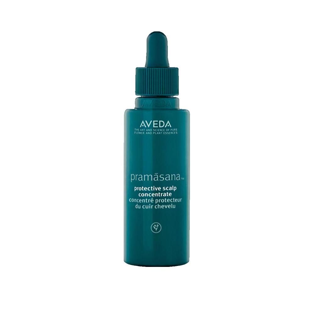 Groene fles met pipet. Opschrift: Aveda, Pramasana, Protective Scalp Concentrate, Concentré Protecteur du Cuir Chevelu.