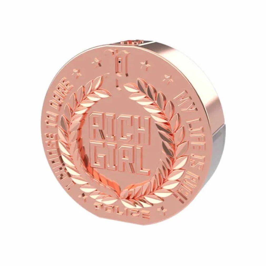 Ronde flacon met opschrift RICH GIRL. Roségouden design met lauwerkrans en sterren. Merk: POLICE.
