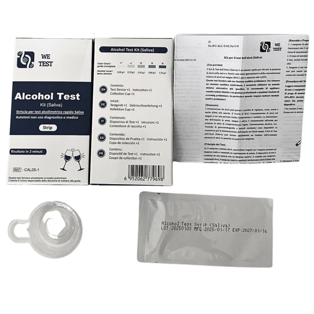 We Test Alcoholtest Speekseltest-Kit. Open verpakking met teststrip, beker en instructies. Bevat tekst en logo's.