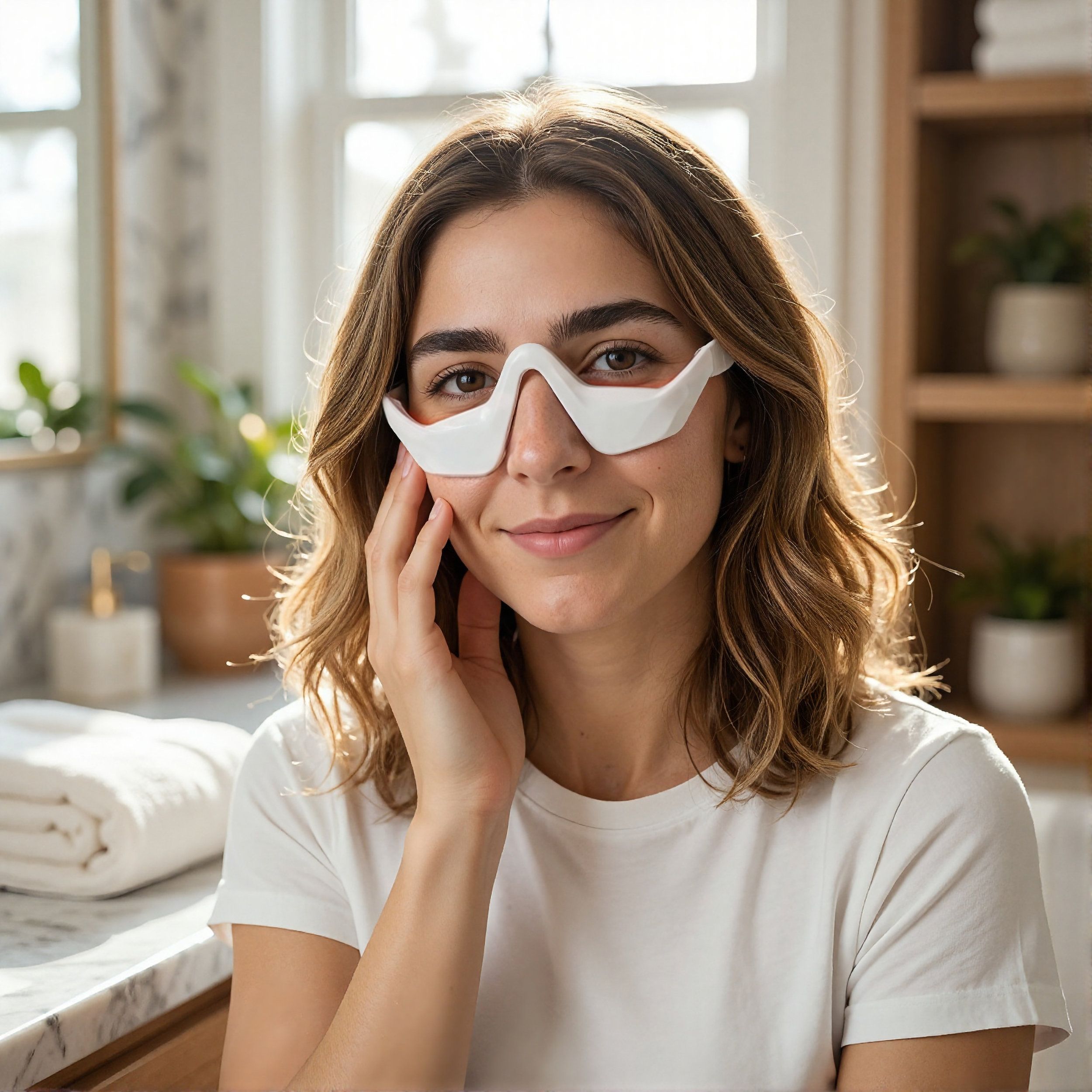 Appareil blanc pour les yeux. Femme le porte dans une salle de bain. L'appareil couvre le contour des yeux.